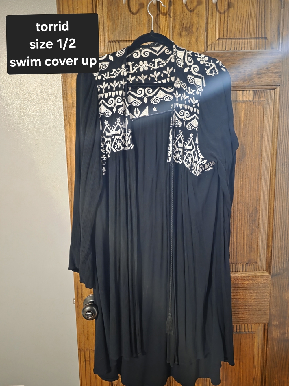 torrid Black Long Sleeve Swim Cover-Up with White Embroidered Yoke
